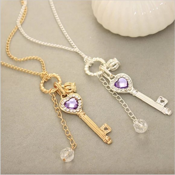 Silver Key Charm Necklace Purple Crystal - Picture 9 of 10